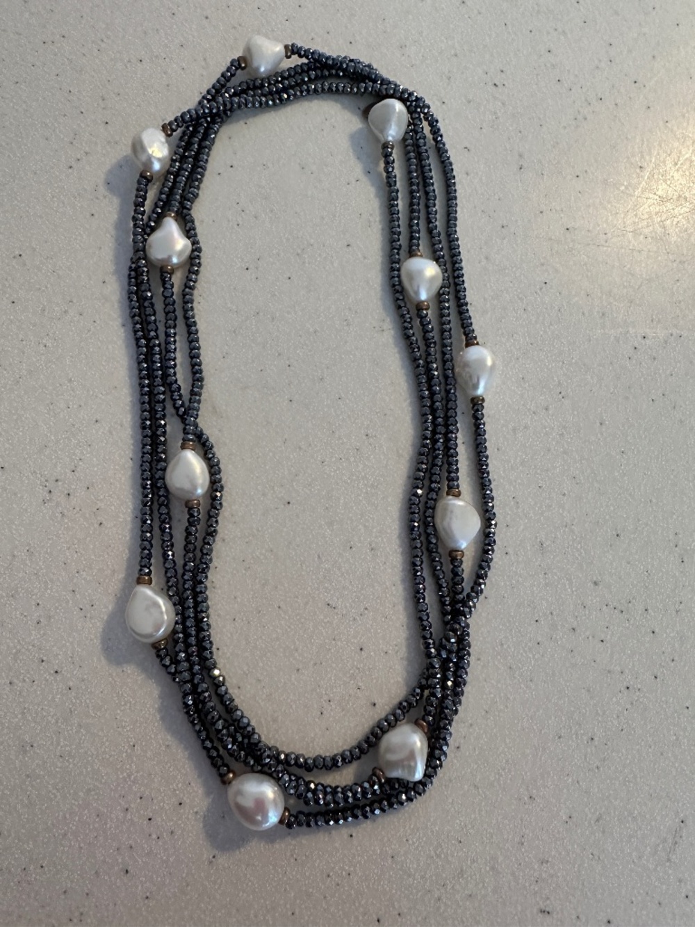 LUCAS LAMETH LUC 925 CN BAROQUE PEARL & OBSIDIAN? NECKLACE Very Long 70" Vintage